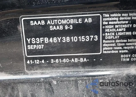 2008 Saab 9-3 2.0T z USA, uszkodzony, nr VIN YS3FB46Y381015373